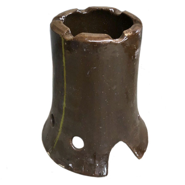 The pictured item seems to be approx. 8-3/4 inches high, brown, ceramic or pottery